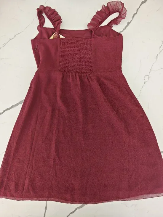 Wilfred Burgundy Mini Dress Ruffle Strap A-Line Cocktail Party Dress Size 6 NWT - Picture 9 of 12